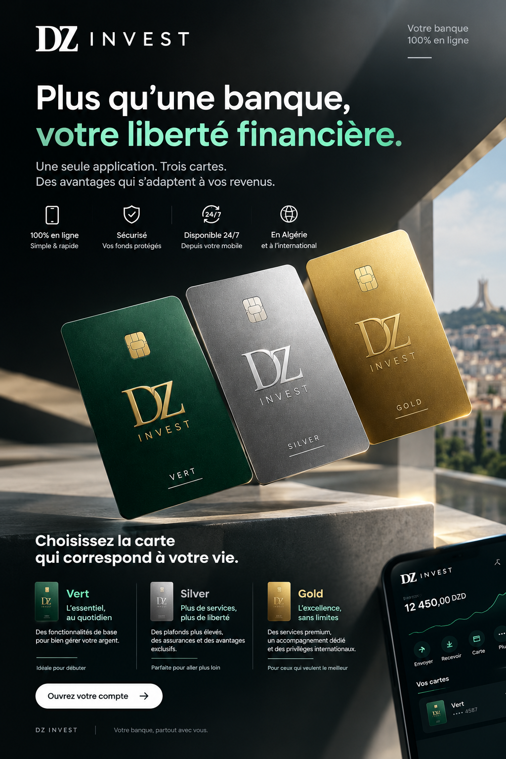 Affiche DZ Invest présentant les cartes Vert, Silver et Gold — plus qu'une banque, votre liberté financière